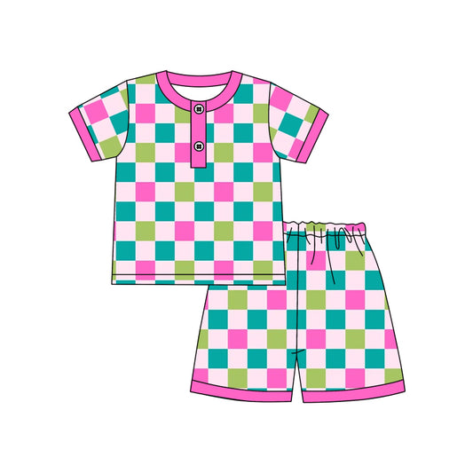 Baby Girls Pink Green Checkered Short Sleeve Tee Shirt Shorts Pajamas Clothes Sets preorder(moq 5)