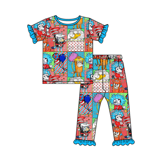 Baby Girls Dog Dr Reading Blue Short Sleeve Tee Shirt Pants Pajamas Sets Preorder(moq 5)