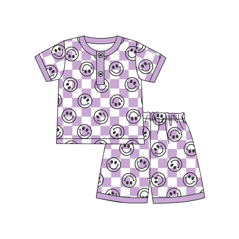 Baby Girls Purple Checkered Smile Short Sleeve Tee Shirt Shorts Pajamas Clothes Sets preorder(moq 5)