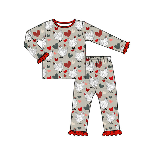 Baby Girls Valentines Chicken Hearts Farm Shirt Pants Pajamas Clothes Sets Preorder(moq 5)