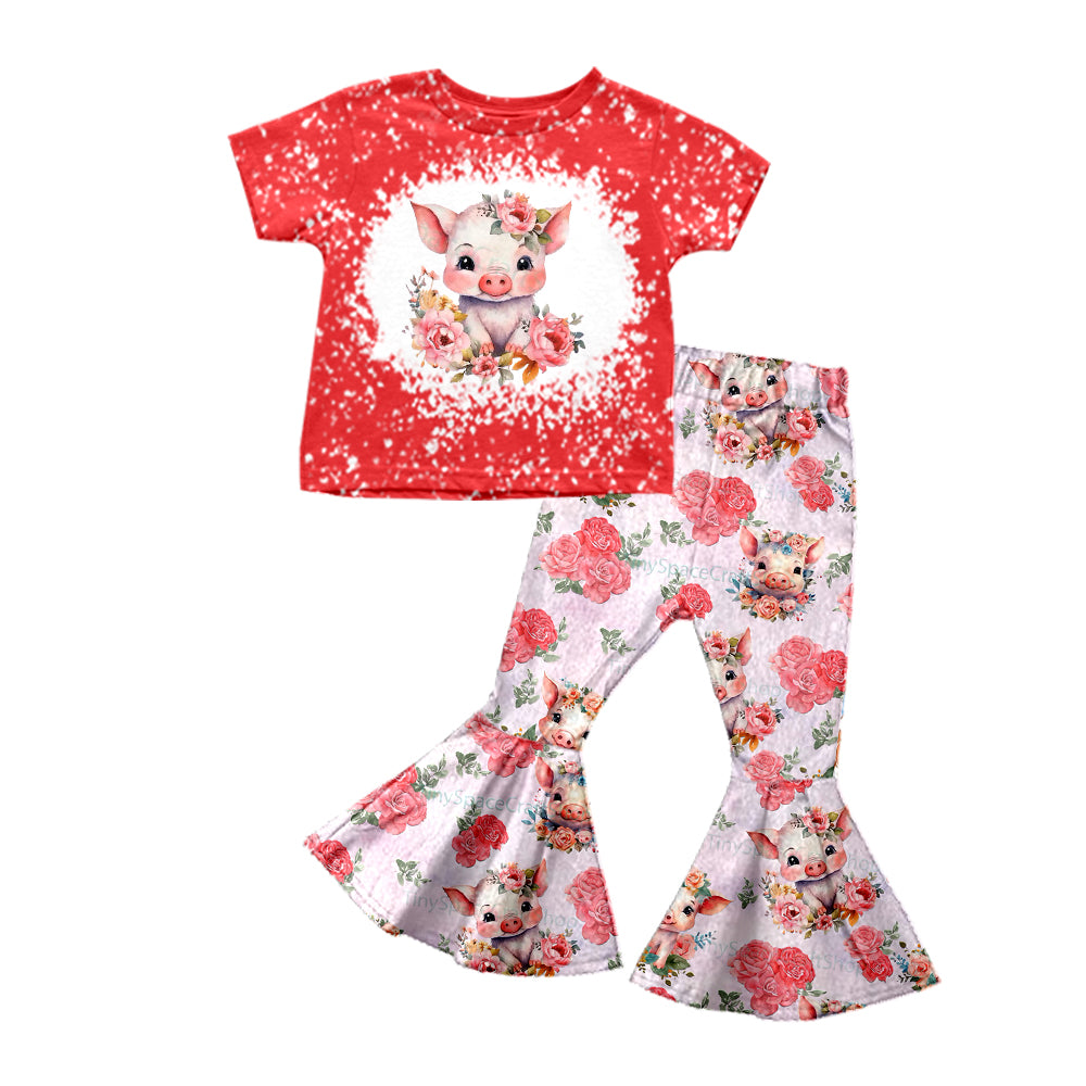 Baby Girls Pig Flowers Short Sleeve Tee Shirt Flare Pants Clothes Sets preorder(moq 5)