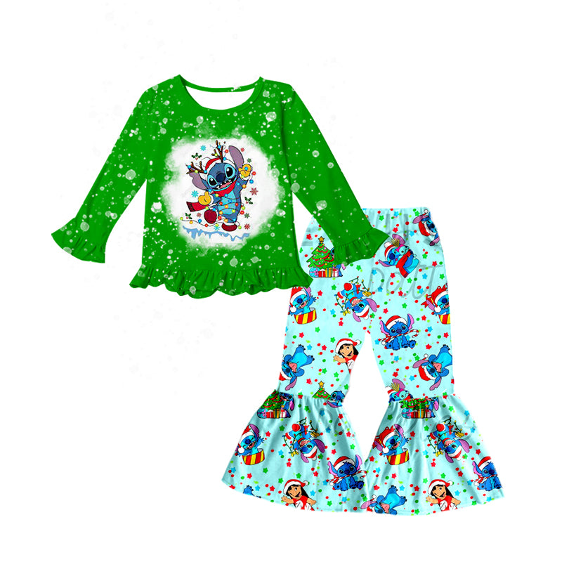 Baby Girls Green Cartoon Ruffle Top Bell Pants Clothes Sets preorder(moq 5)