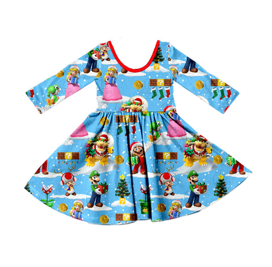 Baby Girls Blue Christmas Game Twirl Dresses preorder(moq 5)