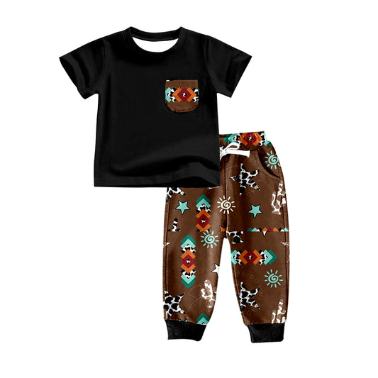 Baby Boys Black Pockets Top Western Pants Clothes Sets Preorder(moq 5)