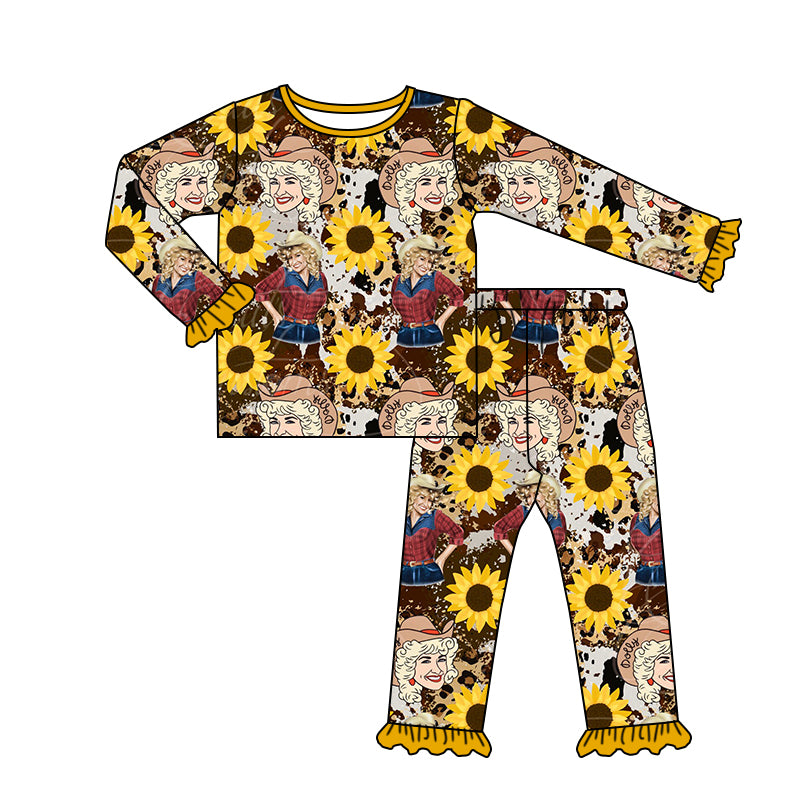 Baby Girls Sunflower Singer Long Sleeve Tee Shirt Pajamas 2pcs Sets Clothing preorder(moq 5)