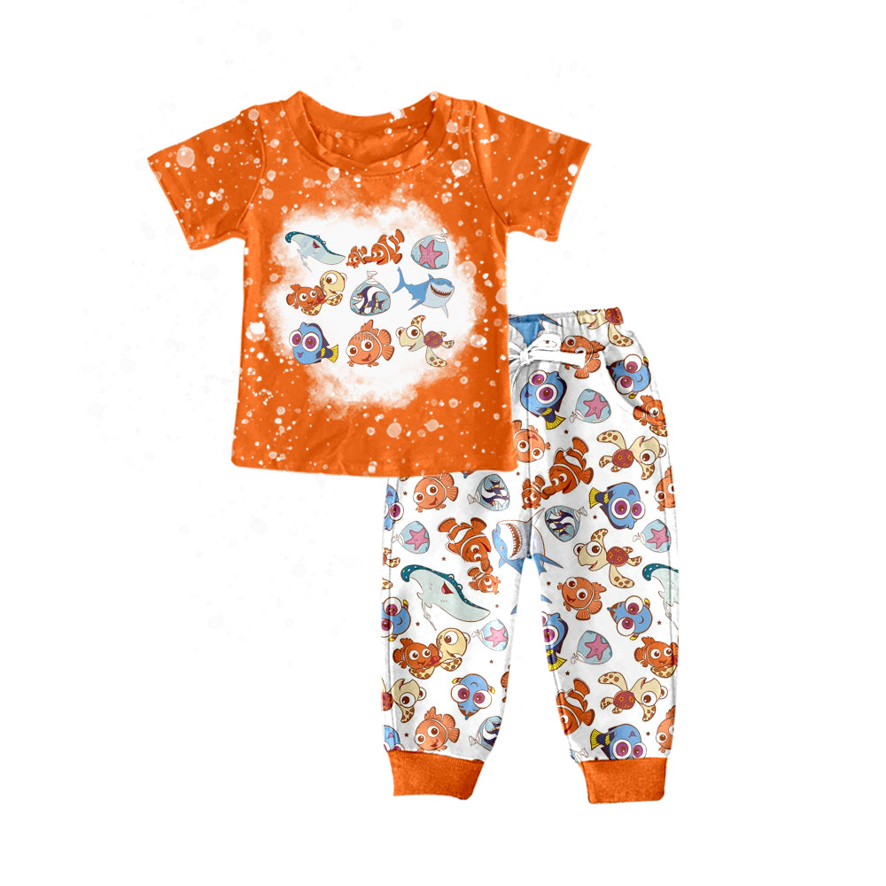 Baby Boys Cartoon Fish Animal Short Sleeve Tee Shirt Pants Clothes Sets preorder(moq 5)