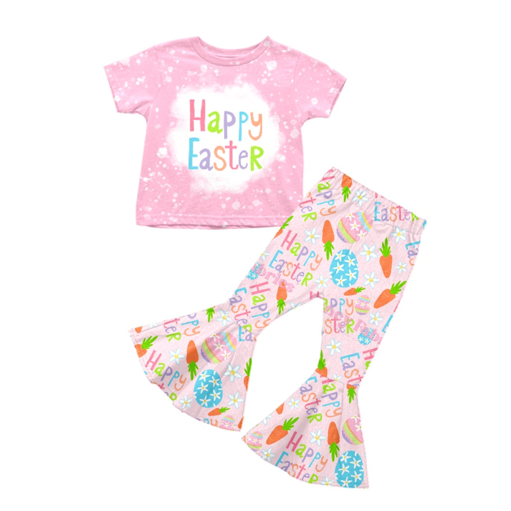 Baby Girls Pink Happy Easter Short Sleeve Shirts Bell Pants Outfits Clothes Sets preorder(moq 5)