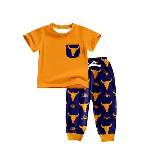 Baby Boys Western Cow Orange Pockets Tee Pants Clothing Sets Preorder(moq 5)