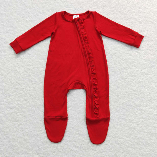 Baby Kids Girls Zip Footie Christmas Red Solid Color Winter Rompers