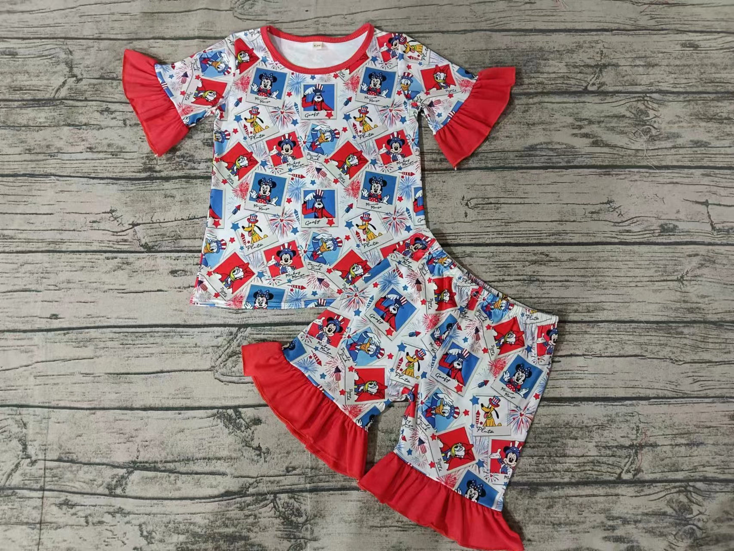 Baby Girls Red 4th Of July Cartoon Mouse Shirt Shorts Pajamas Clothes Sets preorder(moq 5)