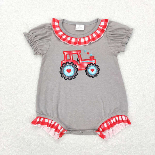 Baby Infant Girls Valentines Tractor Hearts Short Sleeve Rompers