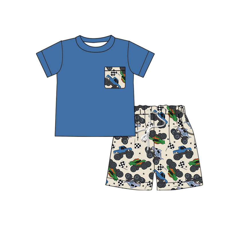 Baby Boys Blue Short Sleeve Tee Shirt Tractors Shorts Clothes Sets preorder(moq 5)