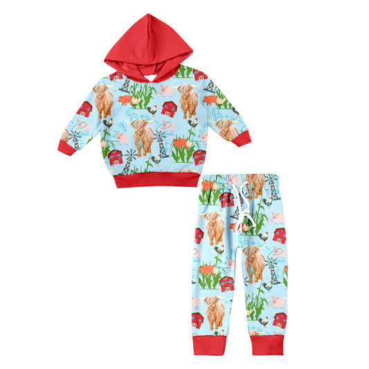 Baby Boys Highland Cow Farm Hooded Top Pants Clothes Sets preorder(moq 5)