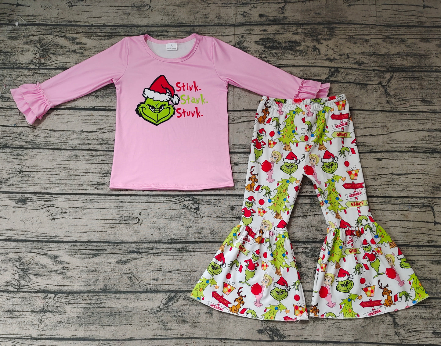 Baby Girls Pink Christmas Frog Ruffle Top Bell Bottom Pants Clothing Sets