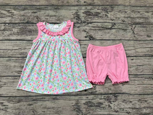 Baby Girls Pink Floral Ruffle Top Ruffle Shorts Outfits Clothes Sets