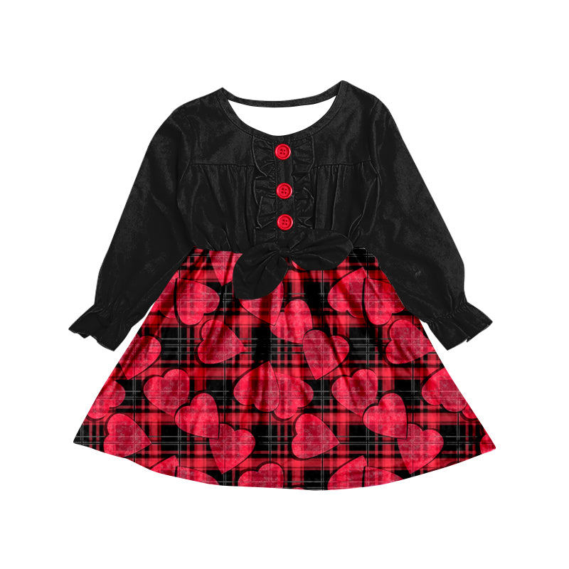 Baby Girls Valentines Hearts Plaid Long Sleeve Knee Length Dresses Preorder(moq 5)