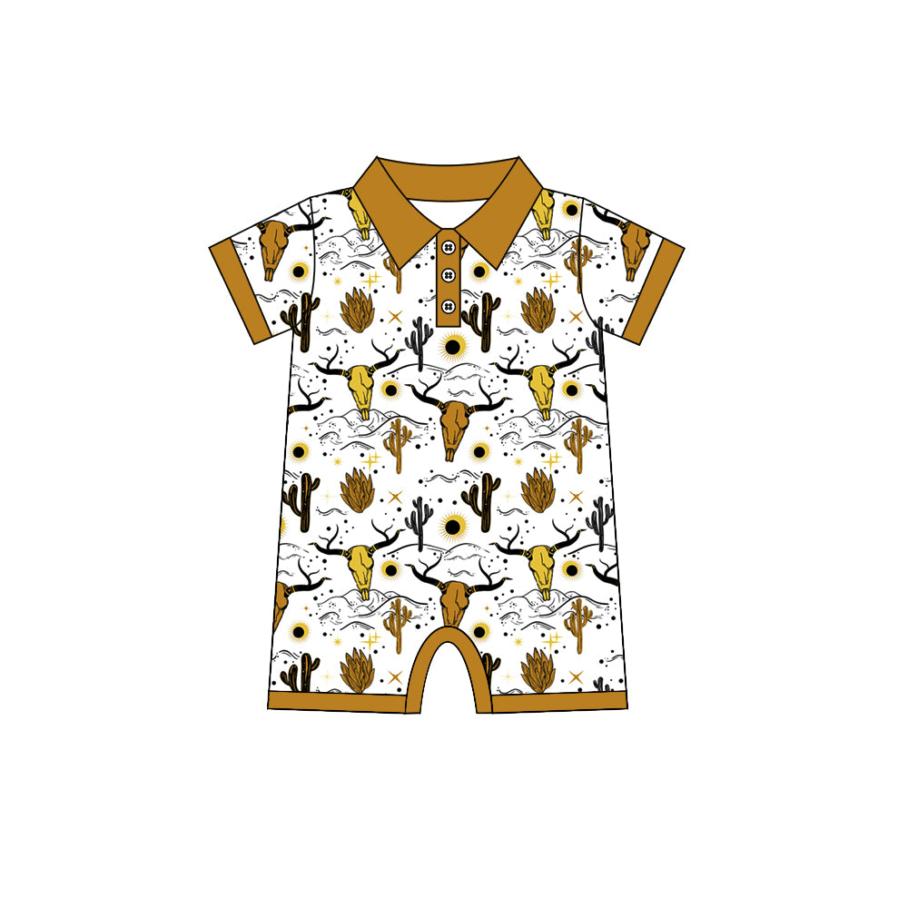 Baby Boys Short Sleeve Gold Cow Cactus Western Buttons Rompers preorder(moq 5)