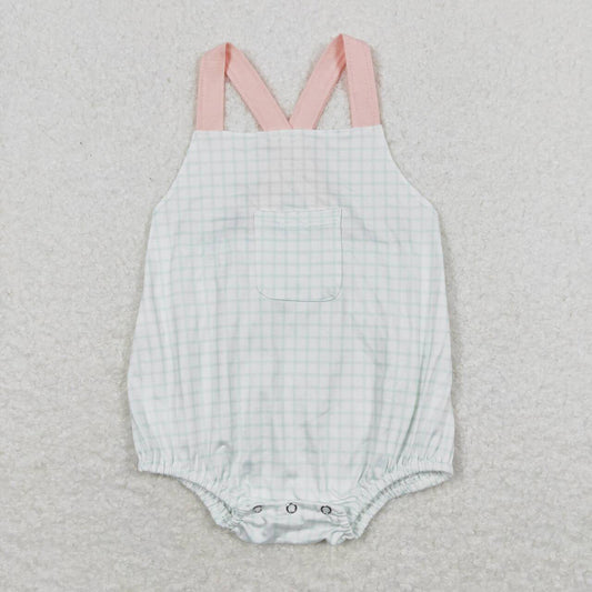 Baby Infant Boys Green Checkered Pocket Straps Summer Rompers