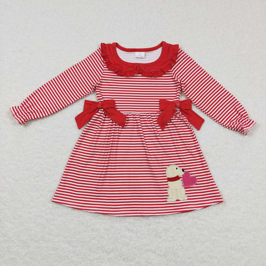 Baby Girls Valentines Red Stripes Dogs Bows Knee Length Dresses