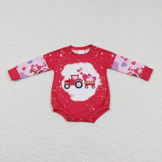 Baby Infant Girls Valentines Hearts Tractors Long Sleeve Rompers