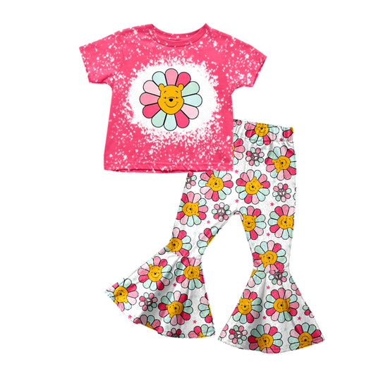 Baby Girls Cartoon Bear Flowers Short Sleeve Tee Shirt Flare Pants Clothes Sets preorder(moq 5)