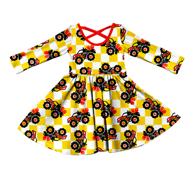 Baby Girls Valentines Tractors Long Sleeve Knee Length Dresses Preorder(moq 5)