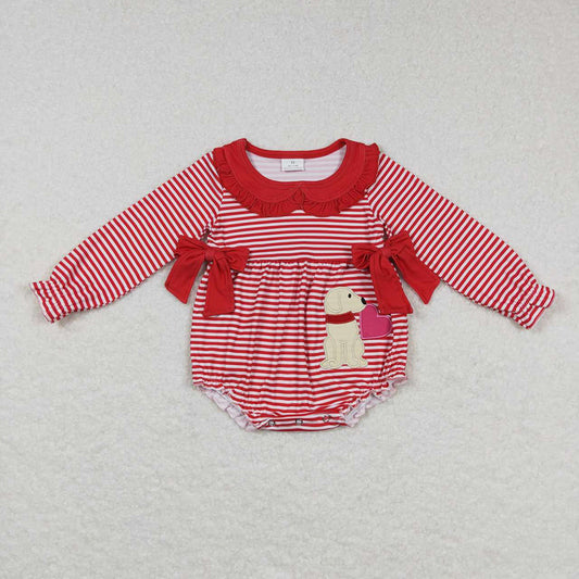 Baby Infant Girls Red Stripes Dogs Long Sleeve Hearts Valentines Rompers