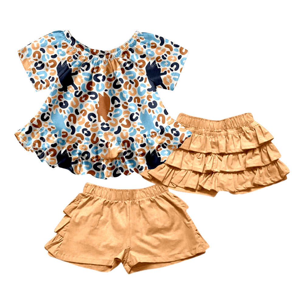 Baby Girls Leopard Dogs Tunic Tee Shirt Ruffle Shorts Clothes Sets preorder(moq 5)