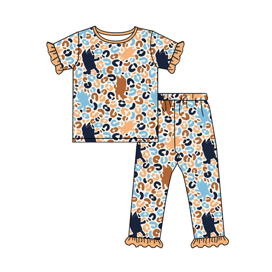 Baby Girls Leopard Dogs Short Sleeve Tee Shirt Ruffle Pants Pajamas Clothes Sets preorder(moq 5)