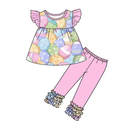 Baby Girls Easter Pink Eggs Pearl Tunic Top Legging Pants Clothes Sets Preorder(moq 5)