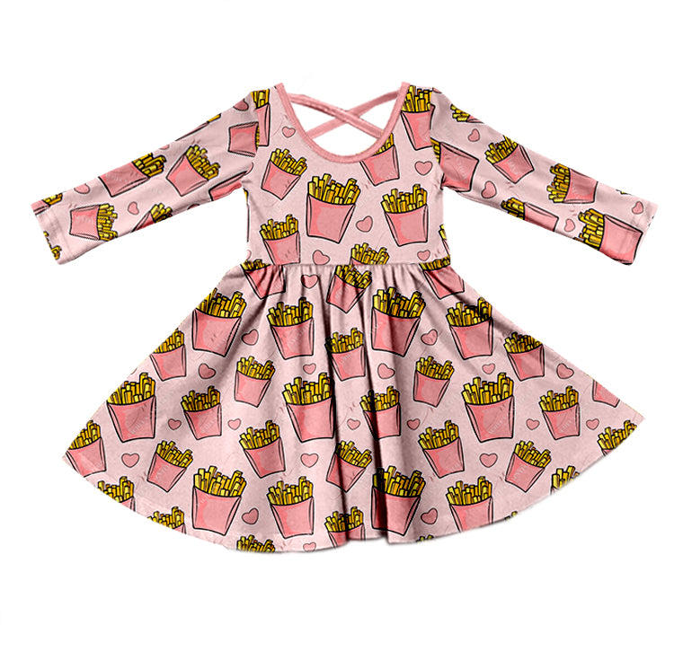 Baby Girls Pink French Fries Long Sleeve Knee Length Dresses Preorder(moq 5)