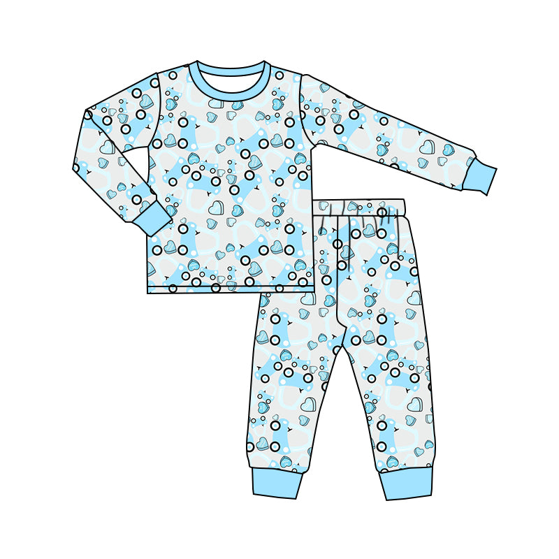 Baby Boys Blue Valentines Tractor Shirt Pants Pajamas Clothing Sets Preorder(moq 5)