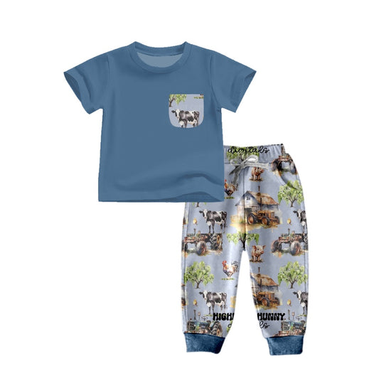 Baby Boys Western Cow Farms Pockets Tee Pants Clothing Sets Preorder(moq 5)
