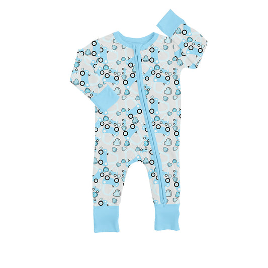 Baby Infant Boys Blue Valentines Cart Long Sleeve Zip Rompers preorder(moq 5)