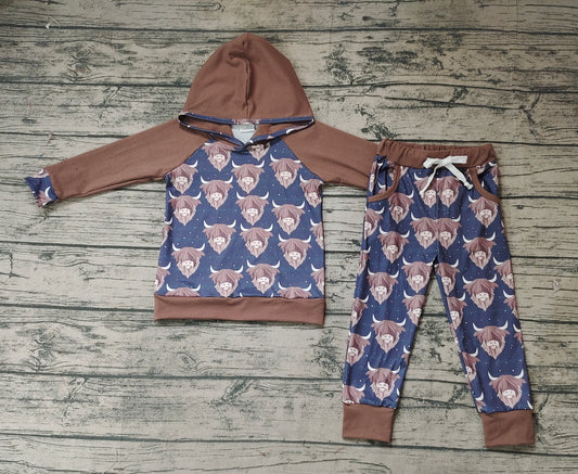 Baby Boys Long Sleeve Hooded Highland Cow Tops Pants Clothes Sets