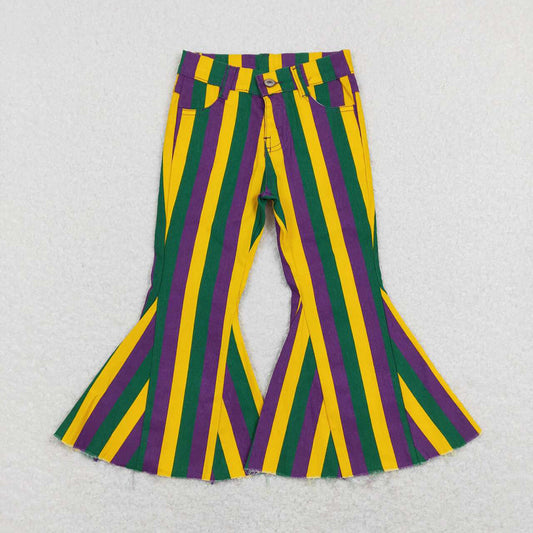 Baby Girls Mardi Gras Purple Green Gold Stripes Bell Denim Pants Jeans