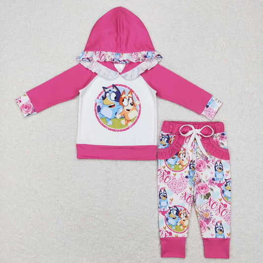 Baby Girls Pink Hooded Long Sleeve Top Pants Valentines Dogs Clothing Sets