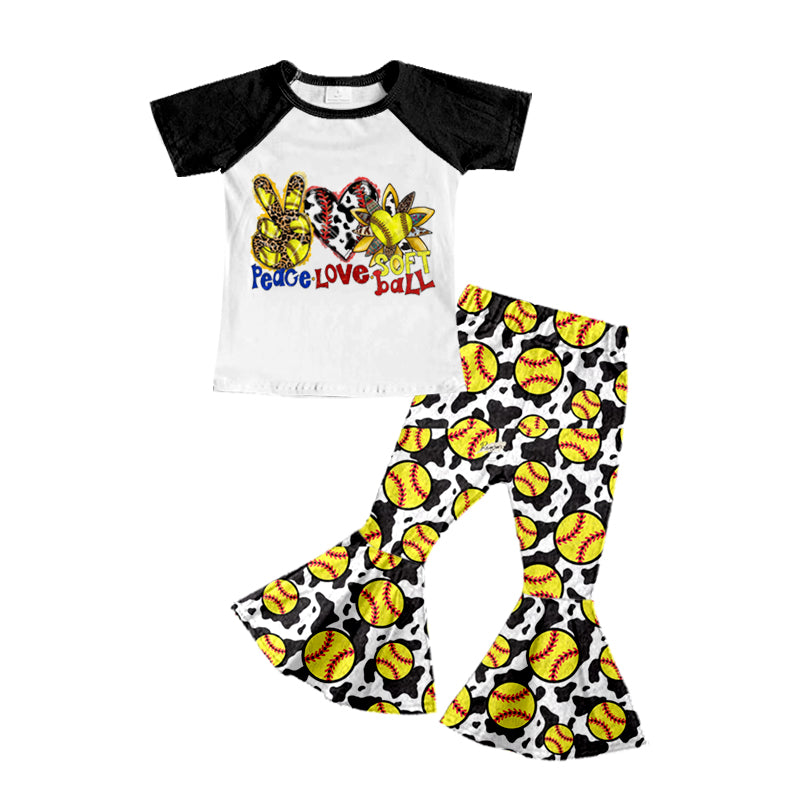 Baby Girls Peace Love Softball Shirts Top Flare Bell Pants Clothes Sets Preorder(moq 5)