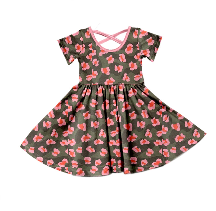 Baby Girls Pink Valentines Camo Leopard Short Sleeve Knee Length Dresses Preorder(moq 5)