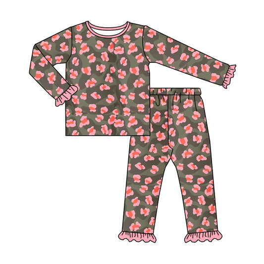 Baby Girls Camo Valentines Pink Leopard Tee Shirt Pants Pajamas Sets Preorder(moq 5)