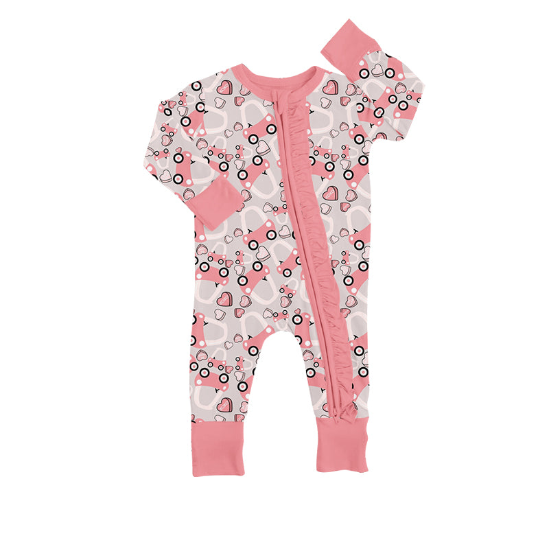 Baby Infant Girls Pink Valentines Cart Long Sleeve Zip Rompers preorder(moq 5)