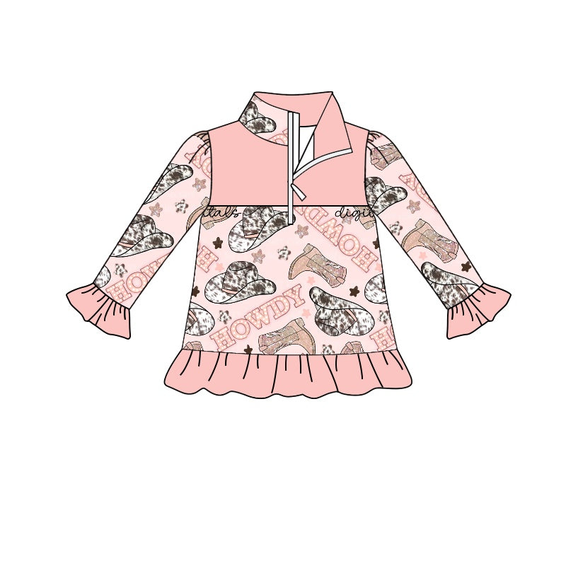 Baby Girls Western Pink Howdy Ruffle Pullover Tops Preorder(moq 5)