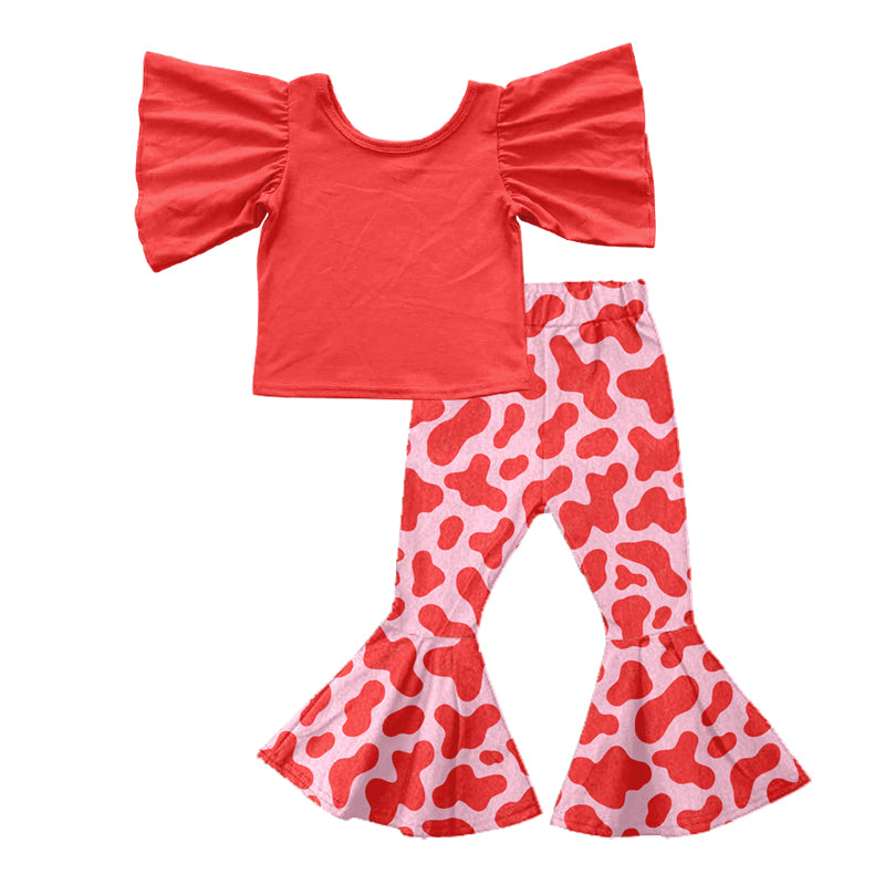 Baby Girls Red Flutter Sleeve Tee Cow Bell Pants Clothing Sets Preorder(moq 5)