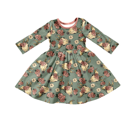 Baby Girls Western Cow Flowers Knee Length Dresses preorder(moq 5)