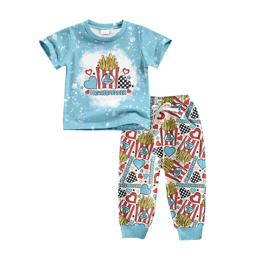 Baby Boys Fries Valentines Blue Short Sleeve Tee Shirt Pants Sets Preorder(moq 5)