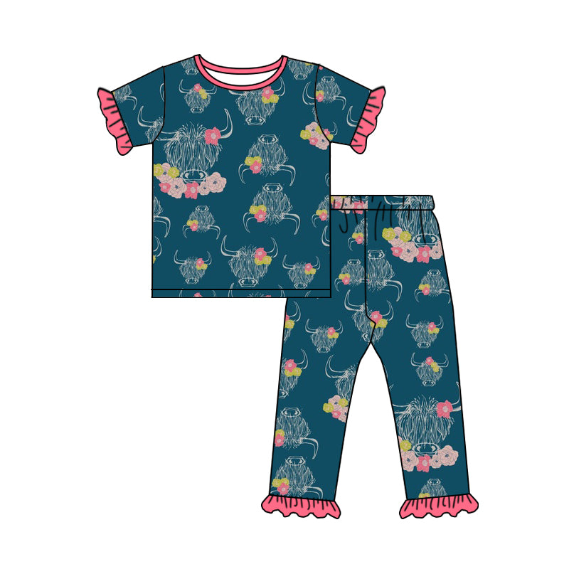 Baby Girls Navy Highland Cow Flowers Shirt Pants Pajamas Preorder(moq 5)