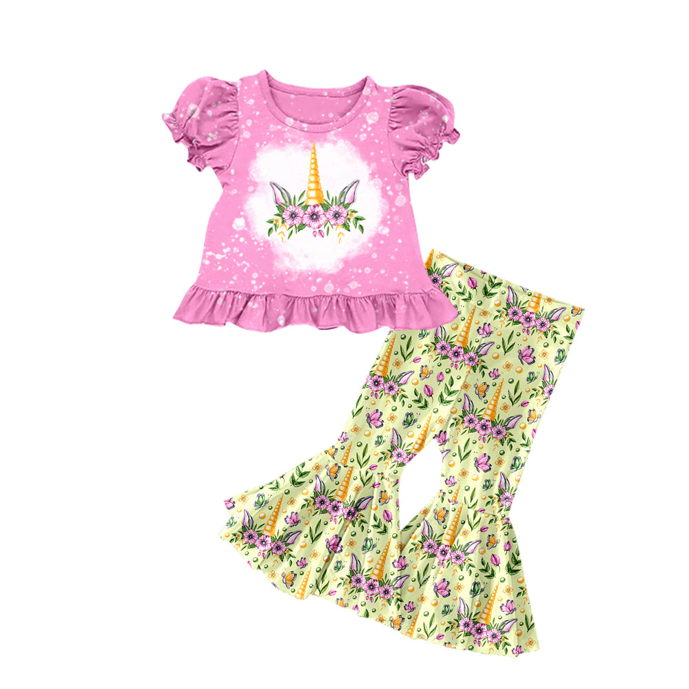 Baby Girls Flowers Unicorn Shirts Bell Pants Clothes Sets preorder(moq 5)