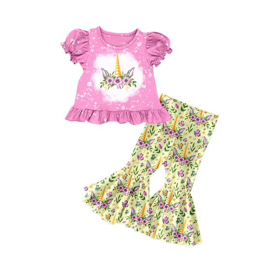 Baby Girls Flowers Unicorn Shirts Bell Pants Clothes Sets preorder(moq 5)