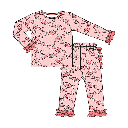 Baby Girls Valentines Candy Long Sleeve Tee Shirt Ruffle Pants Pajamas Clothes Sets preorder(moq 5)