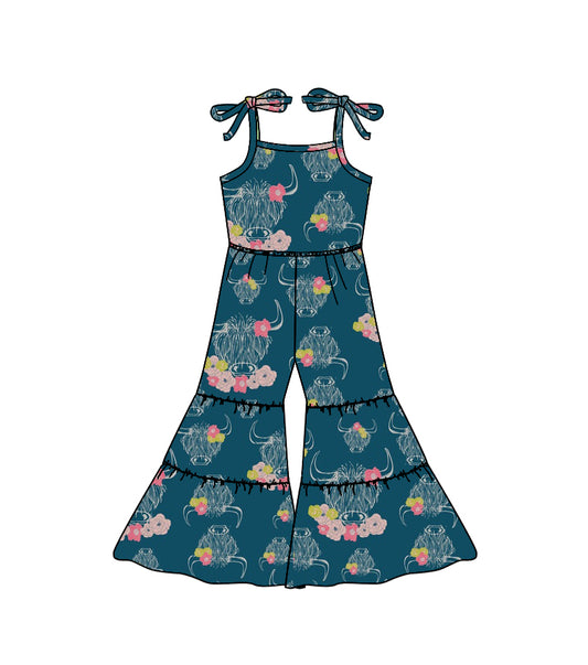 Baby Girls Straps Navy Highland Cow Flowers Bell Pants Jumpsuits Preorder(moq 5)